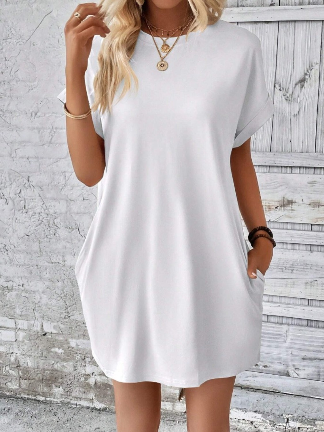 Pocketed Round Neck Short Sleeve Dress