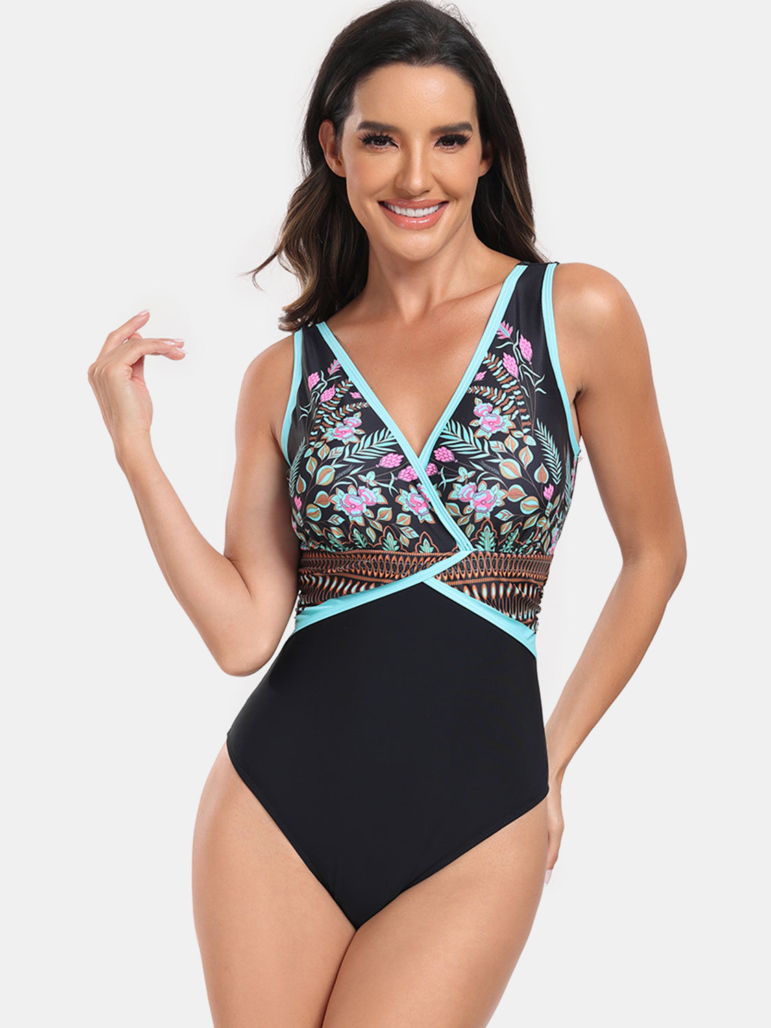 Printed Surplice Wide Strap One-Piece Swimwear