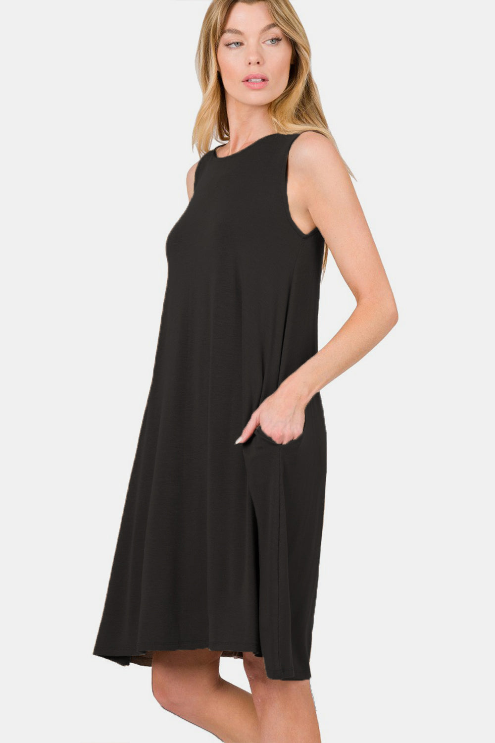 Zenana Full Size Sleeveless Flared Dress with Side Pockets