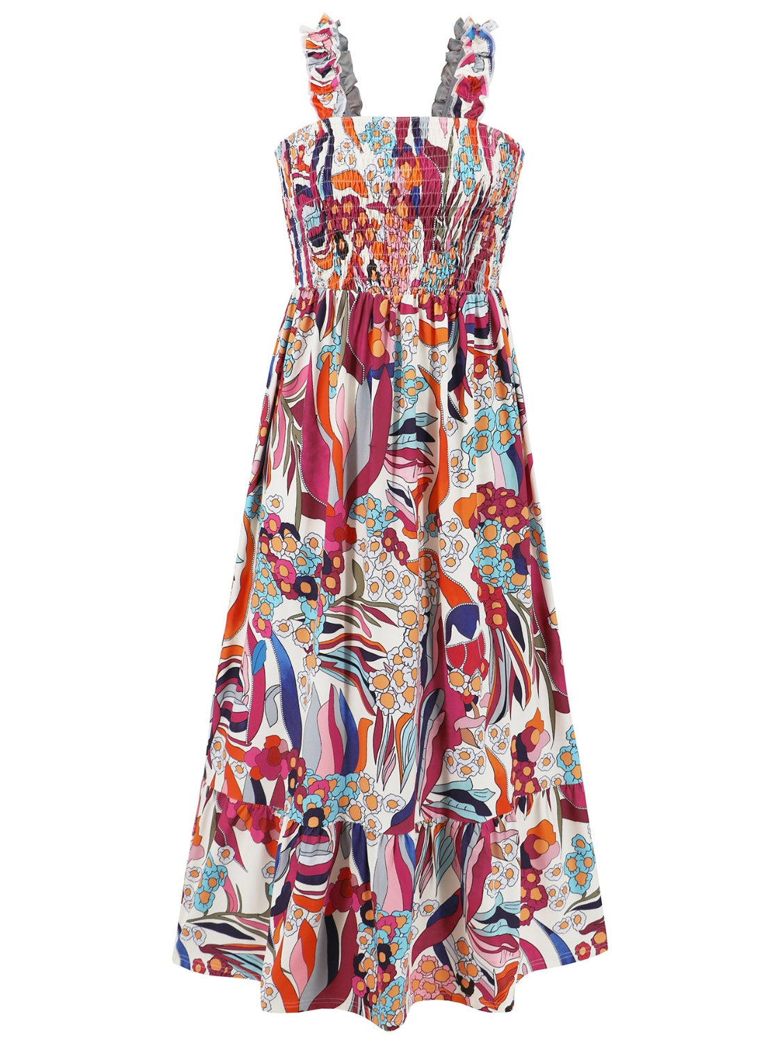 Smocked Printed Square Neck Sleeveless Dress