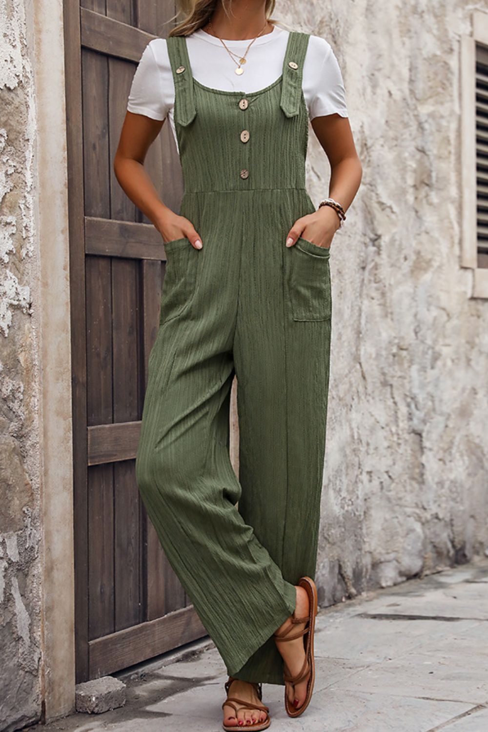 Textured Pocketed Wide Strap Overalls