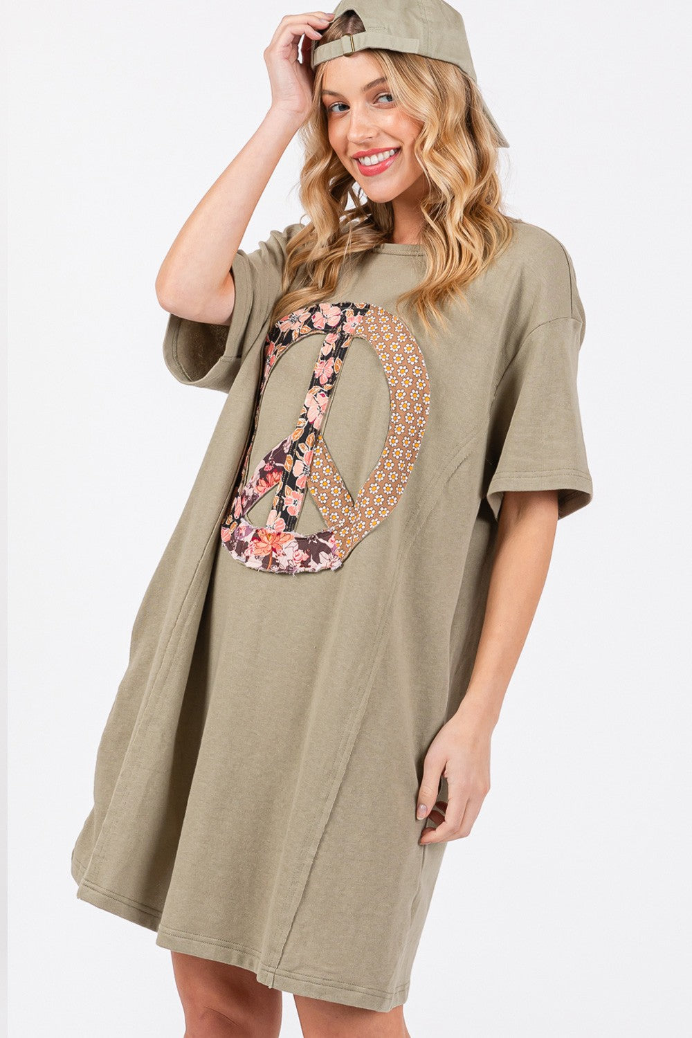 SAGE + FIG Full Size Peace Sign Applique Short Sleeve Tee Dress