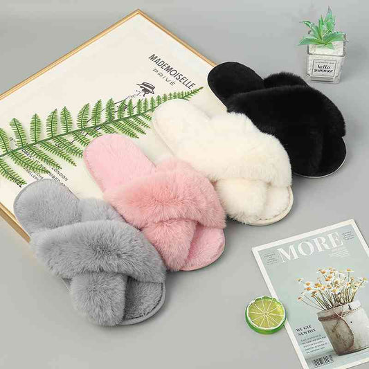 Faux Fur Crisscross Strap Slippers